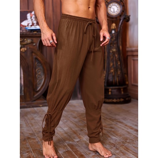 Men's Viking Renaissance-Inspired Casual Pants with Drawstring Waist and Tapered Legs - Solid Color, Polyester, Machine Washable