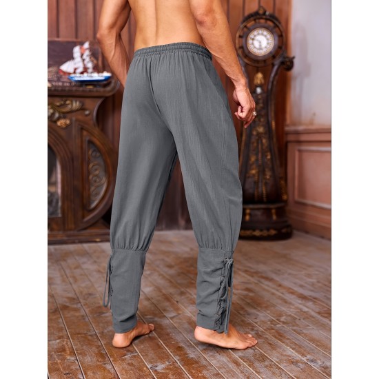 Men's Viking Renaissance-Inspired Casual Pants with Drawstring Waist and Tapered Legs - Solid Color, Polyester, Machine Washable