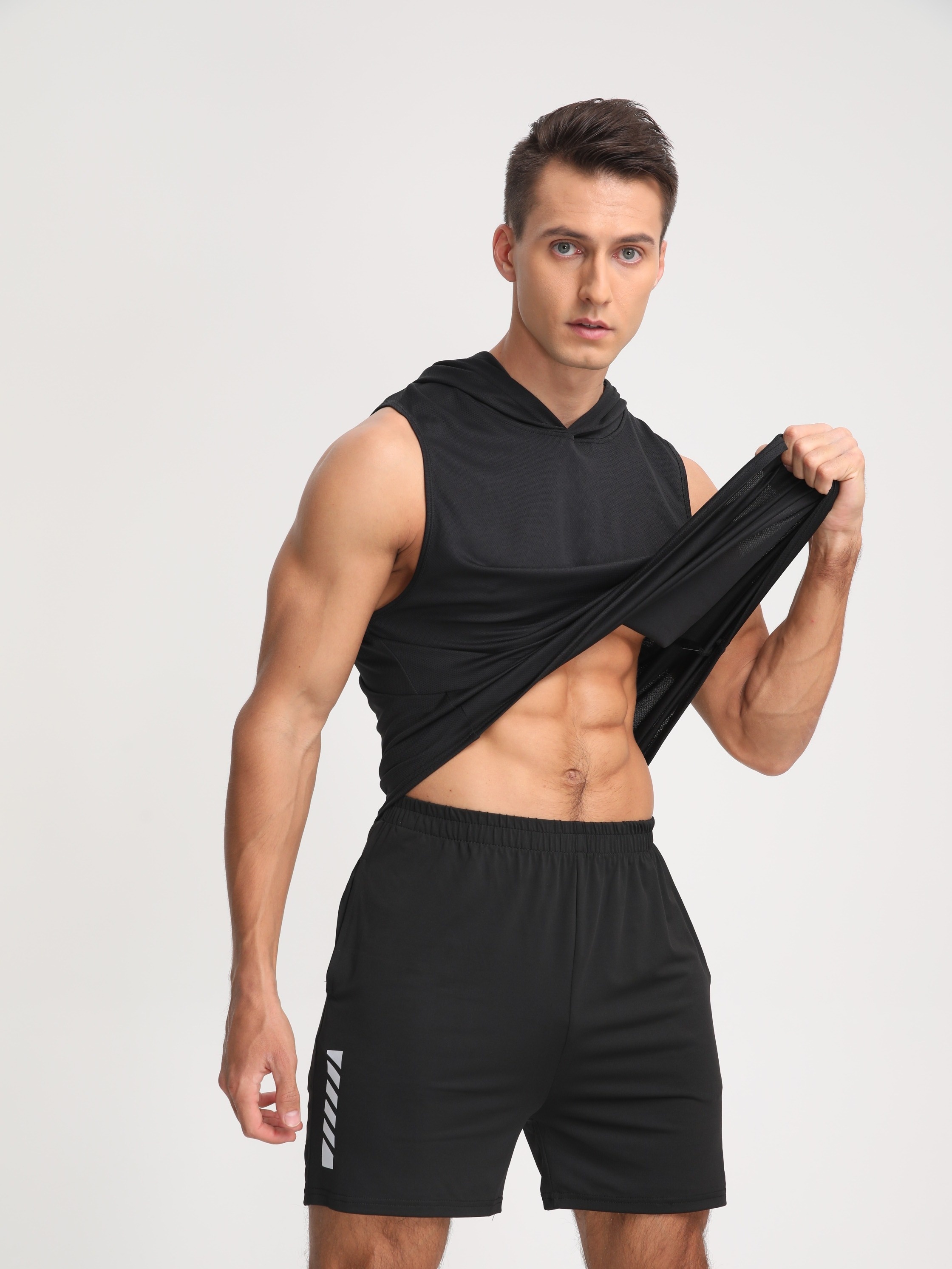 mens solid color   stretch hooded sweatshirt mens pullover tops for gym fitness spring and summer details 1