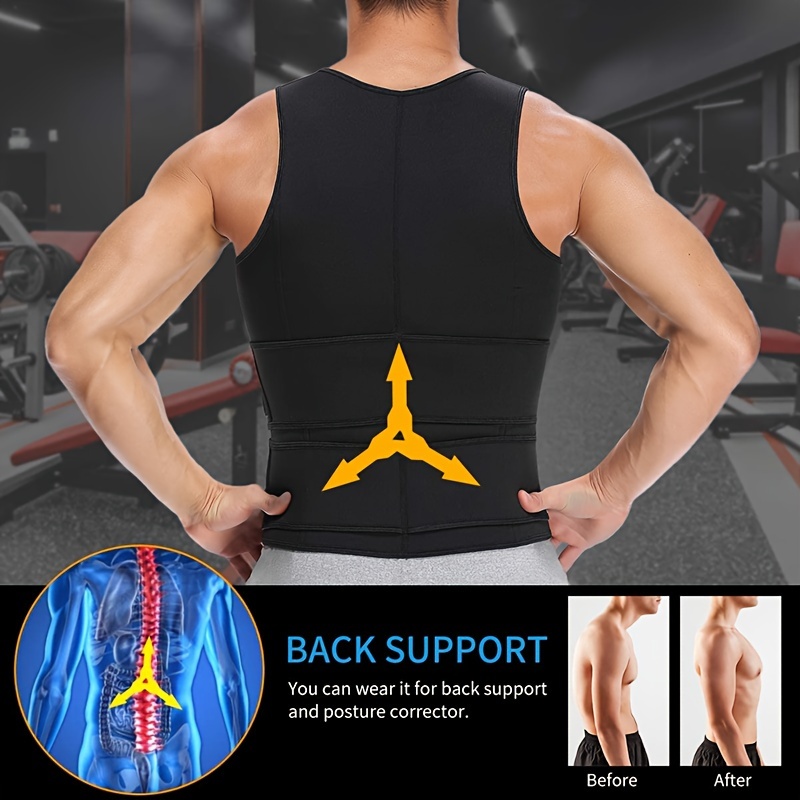 1pc mens high stretch polyester waist trainer vest knit fabric crew neck sleeveless   top with zipper and adjustable belt for sports sauna compression shapewear fat burner workout details 1