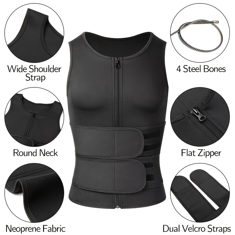 1pc mens high stretch polyester waist trainer vest knit fabric crew neck sleeveless   top with zipper and adjustable belt for sports sauna compression shapewear fat burner workout details 2